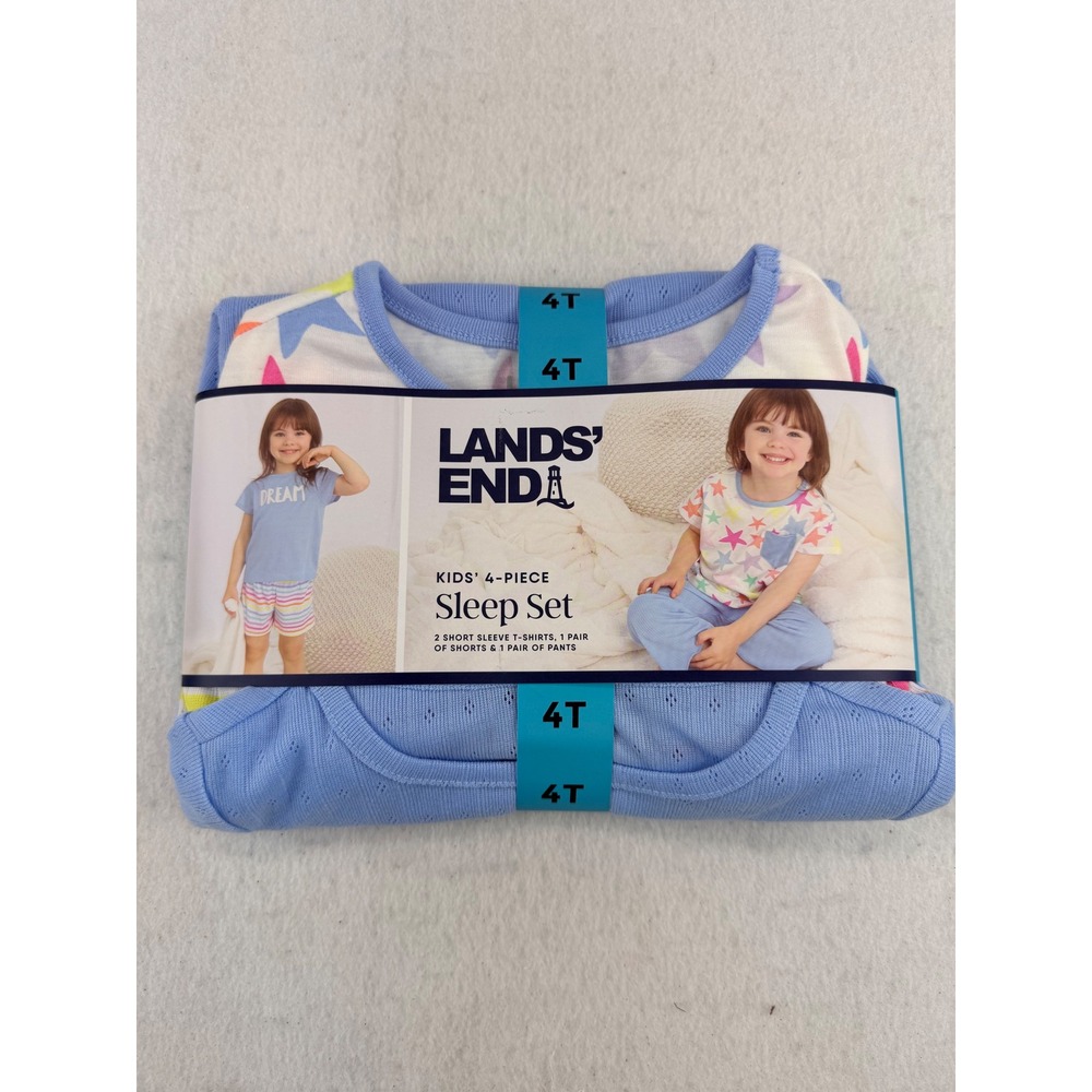 Lands End Kids 4-Piece Sleep Set Blue Stars Stripes 4T Pajamas NWT
